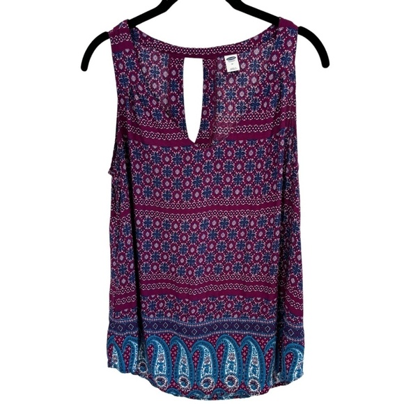 Old Navy BoHo Sleeveless V-Neck Blue Paisley Tunic Top Size Medium - Picture 1 of 4